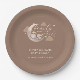 Cute Brown Bearly Wait Moon Star Sleepy Bear Paper Plates