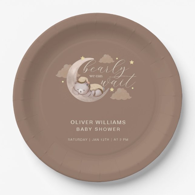 Cute Brown Bearly Wait Moon Star Sleepy Bear Paper Plates (Front)