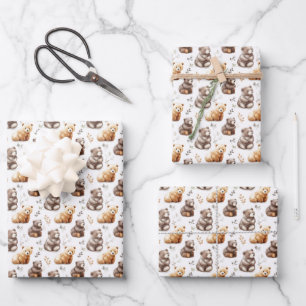 Cute Brown Bears on White Wrapping Paper Sheets