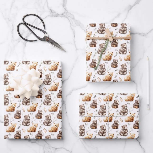 Cute Brown Bears on White Wrapping Paper Sheets (Front)