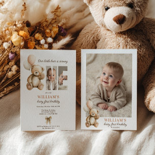 Cute brown Beary 1st Birthday Teddy Bear Photo Invitation