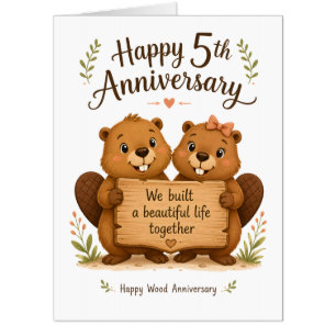 Cute Brown Beaver Couple Fifth Wood Anniversary Card