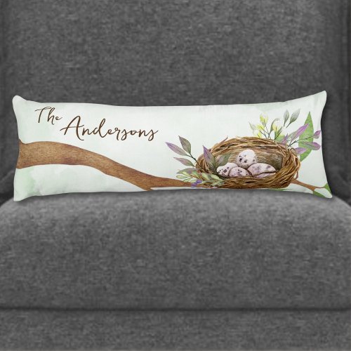 Cute Brown Bird on a Branch Beside Nest with Eggs Body Pillow