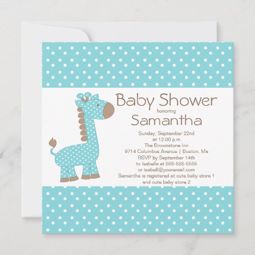 Cute Brown Blue Giraffe Boys Baby Shower Invitation