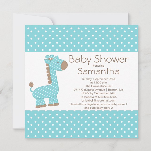 Cute Brown Blue Giraffe Boys Baby Shower Invitation (Front)