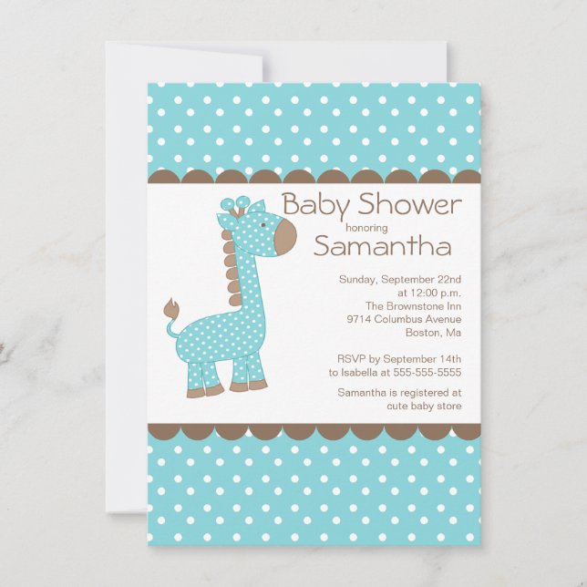 Cute Brown Blue Giraffe Boys Baby Shower Invitation (Front)