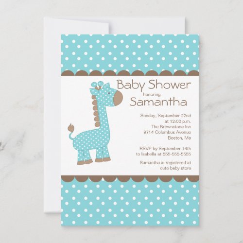 Cute Brown Blue Giraffe Boys Baby Shower Invitation