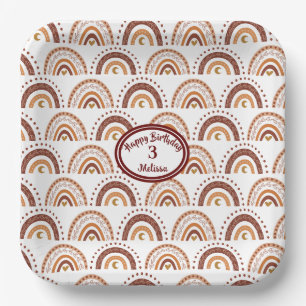 Cute Brown Boho Rainbow Whimsical Pattern Paper Plates