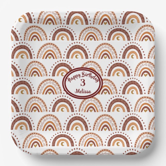 Cute Brown Boho Rainbow Whimsical Pattern Paper Plates (Front)