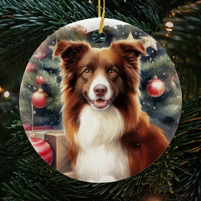 Cute Brown Border Collie Christmas Ceramic Ornament (Creator Uploaded)