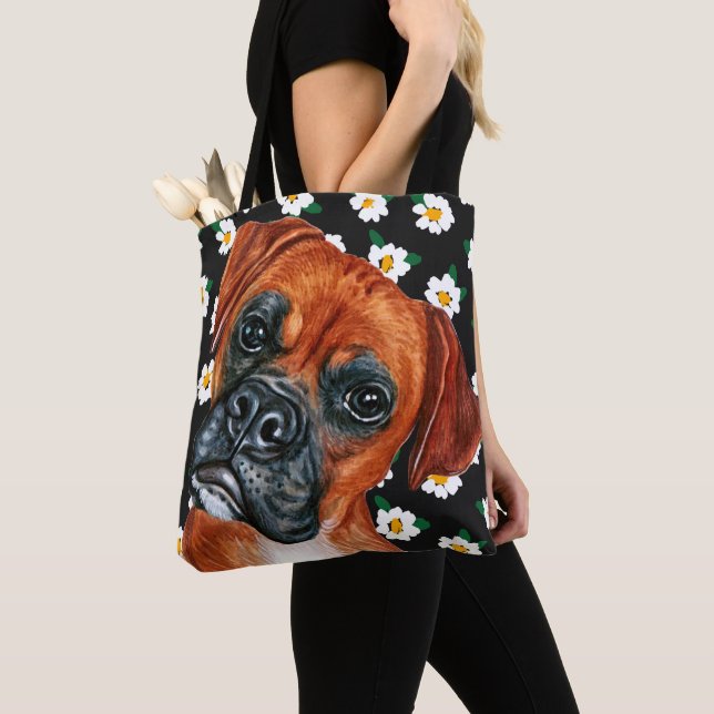 Cute Brown Boxer Dog Daisy Flower Pattern Tote Bag (Close Up)
