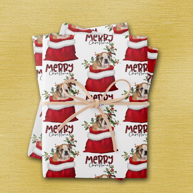 Cute Brown Bulldog Puppy in Holiday Gift Bag Wrapping Paper Sheets (Creator Uploaded)