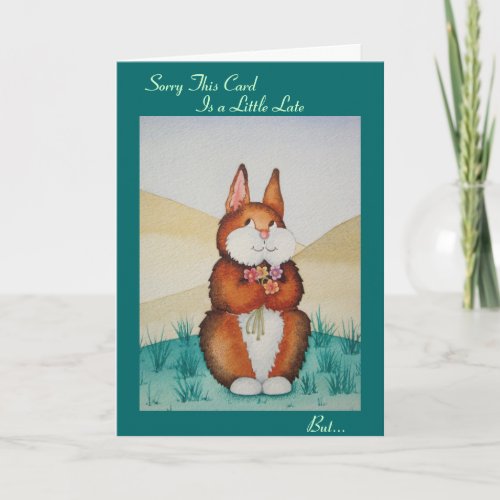 Cute brown bunny and flowers belated birthday card