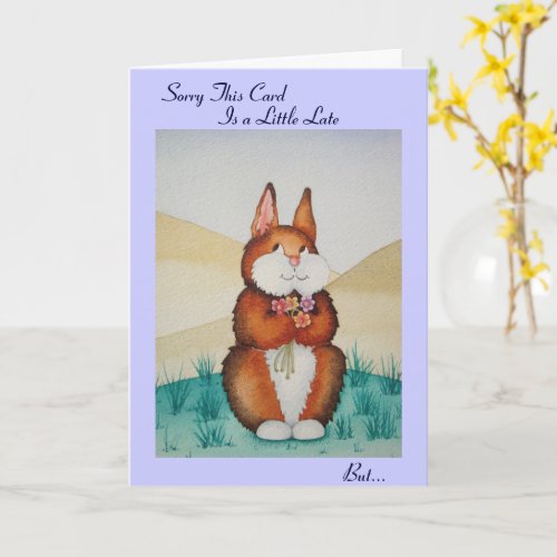 Cute brown bunny and flowers fun belated birthday card