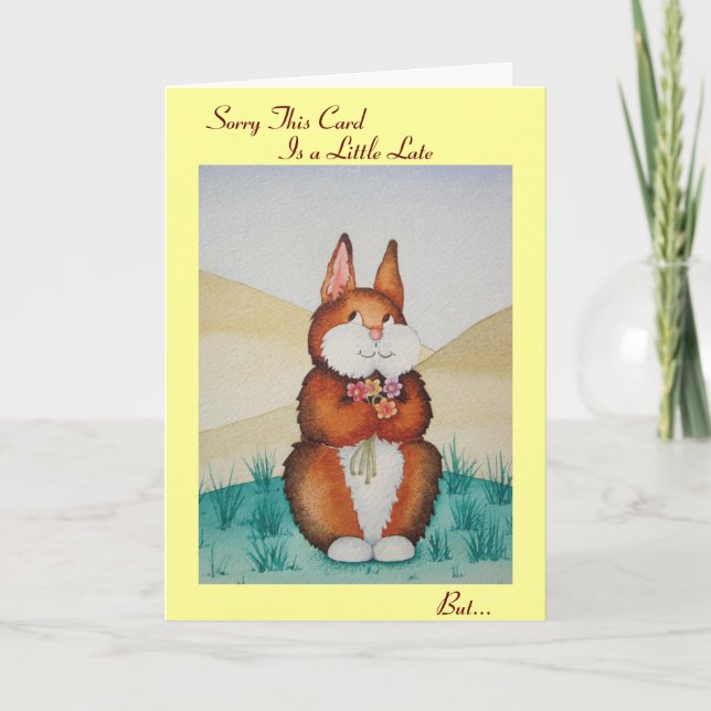 Cute brown bunny and flowers original belated card (Front)