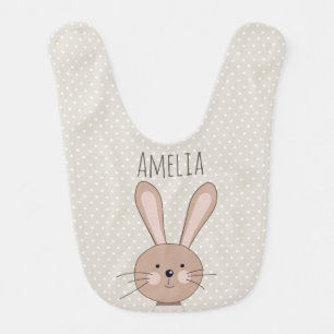 Cute Brown Bunny Beige Dots Personalised Baby Bib