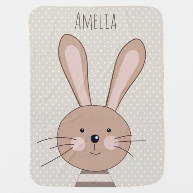Cute Brown Bunny Beige Dots Personalised Baby Blanket (Front)