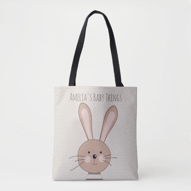 Cute Brown Bunny Beige Dots Personalised Tote Bag (Front)
