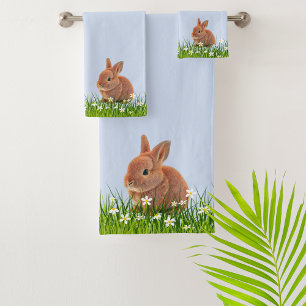 Cute Brown Bunny & Flowers on Light Blue Bath Towel Set