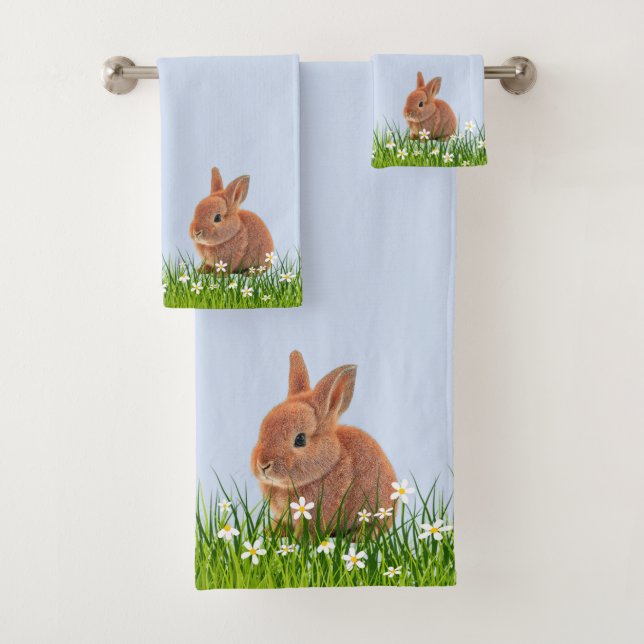 Cute Brown Bunny & Flowers on Light Blue Bath Towel Set (Insitu)