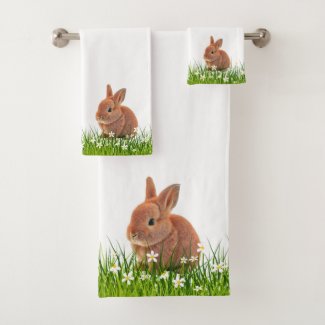 Cute Brown Bunny & Flowers on White
