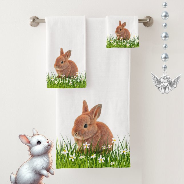 Cute Brown Bunny & Flowers on White Bath Towel Set (Creator Uploaded)