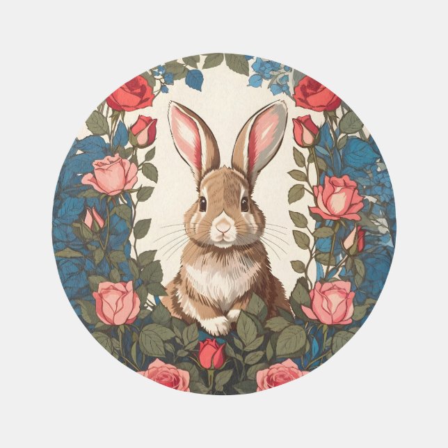 Cute Brown Bunny Pink Rose Garden Rug (Front)