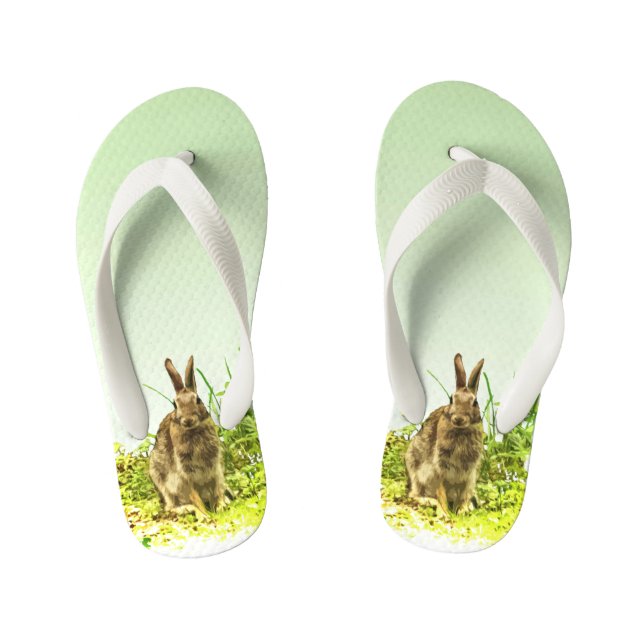 Cute Brown Bunny Rabbit Green Kids Flip Flops (Footbed)