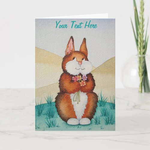 cute brown Bunny smiling and colourful flowers Holiday Card