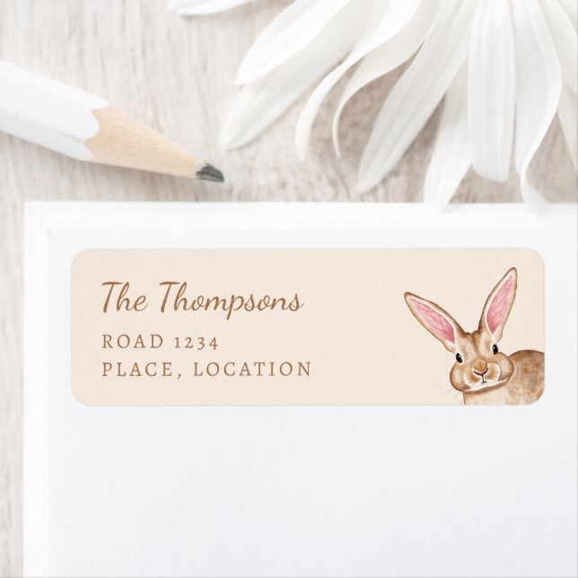 Cute Brown Bunny With Big Ears Watercolor Beige Label (Insitu)