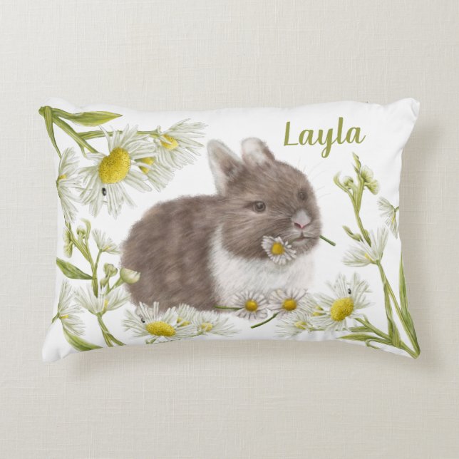 Cute Brown Bunny with Daisies Accent Pilllow Pillow (Front)