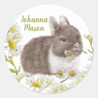 Cute Brown Bunny with Daisies Round Sticker