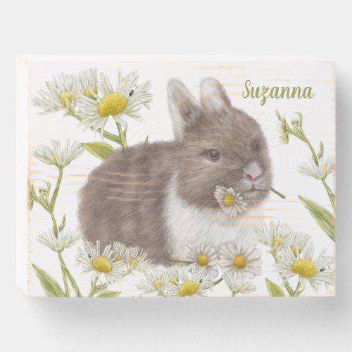 Cute Brown Bunny with Daisies Wood Sign