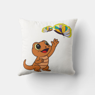 Cute Brown Cartoon Lizard Reaching Butterflies Throw Pillow