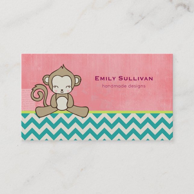 Cute Brown Cartoon Monkey Sitting Down | Kawaii Business Card (Front)