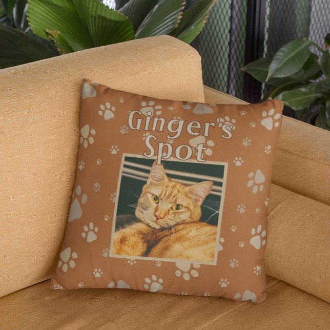 Cute Brown Cat Custom Pet Photo Name Paws Throw Pillow (Creator Uploaded)