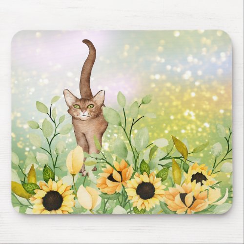 Cute Brown Cat in a Sunflower Garden Mousepad