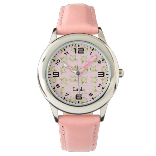 Cute brown cat pink pattern watch