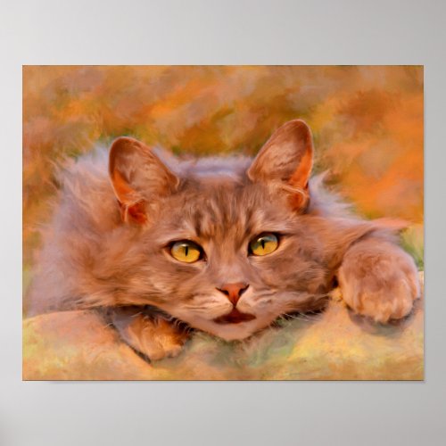 Cute Brown Cat Watercolor Oil Painting Art Poster