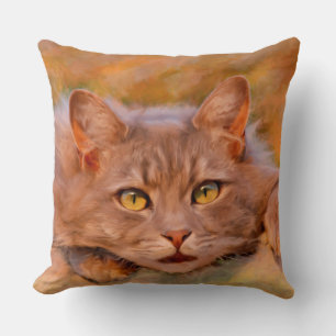 Cute Brown Cat Watercolor Oil Painting Art Throw Pillow