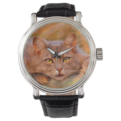 Cute Brown Cat Watercolor Oil Painting Art Watch