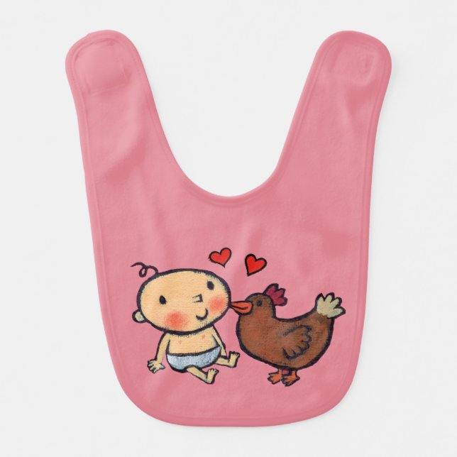 Cute Brown Chicken Peck on the Cheek for Baby Bib (Front)