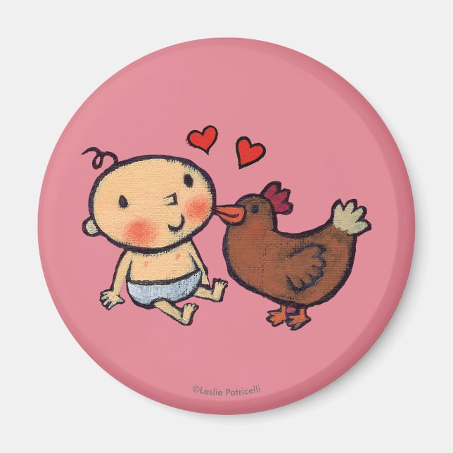 Cute Brown Chicken Peck on the Cheek for Baby Magnet (Front)