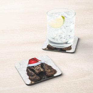 Cute Brown Cocker Spaniel Santa Dog Holiday Beverage Coaster
