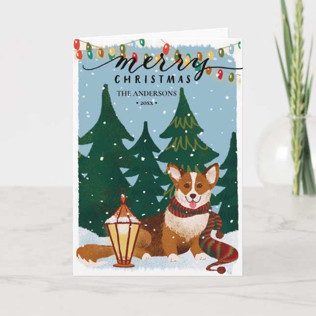 Cute Brown CORGI Christmas Lights Minimalist Fun Holiday Card (Front)