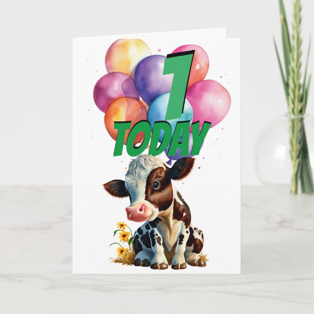 Cute Brown Cow 1st Birthday Balloons Card (Front)