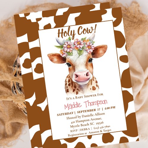 Cute Brown Cow Floral Farm Theme Baby Shower   Invitation