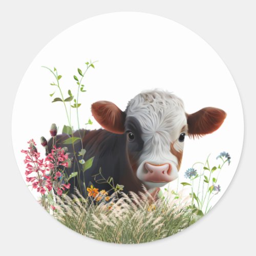 Cute Brown Cow sitting in garden Classic Round Sticker