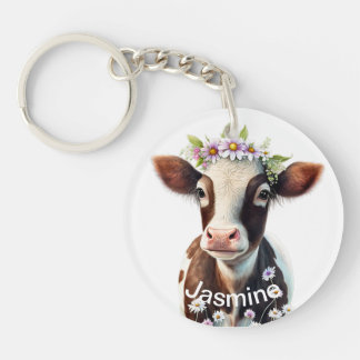 Cute brown cow your name floral watercolor farm  keychain