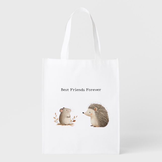 Cute Brown Cream Hedgehog Mouse Best Friends Grocery Bag (Front)